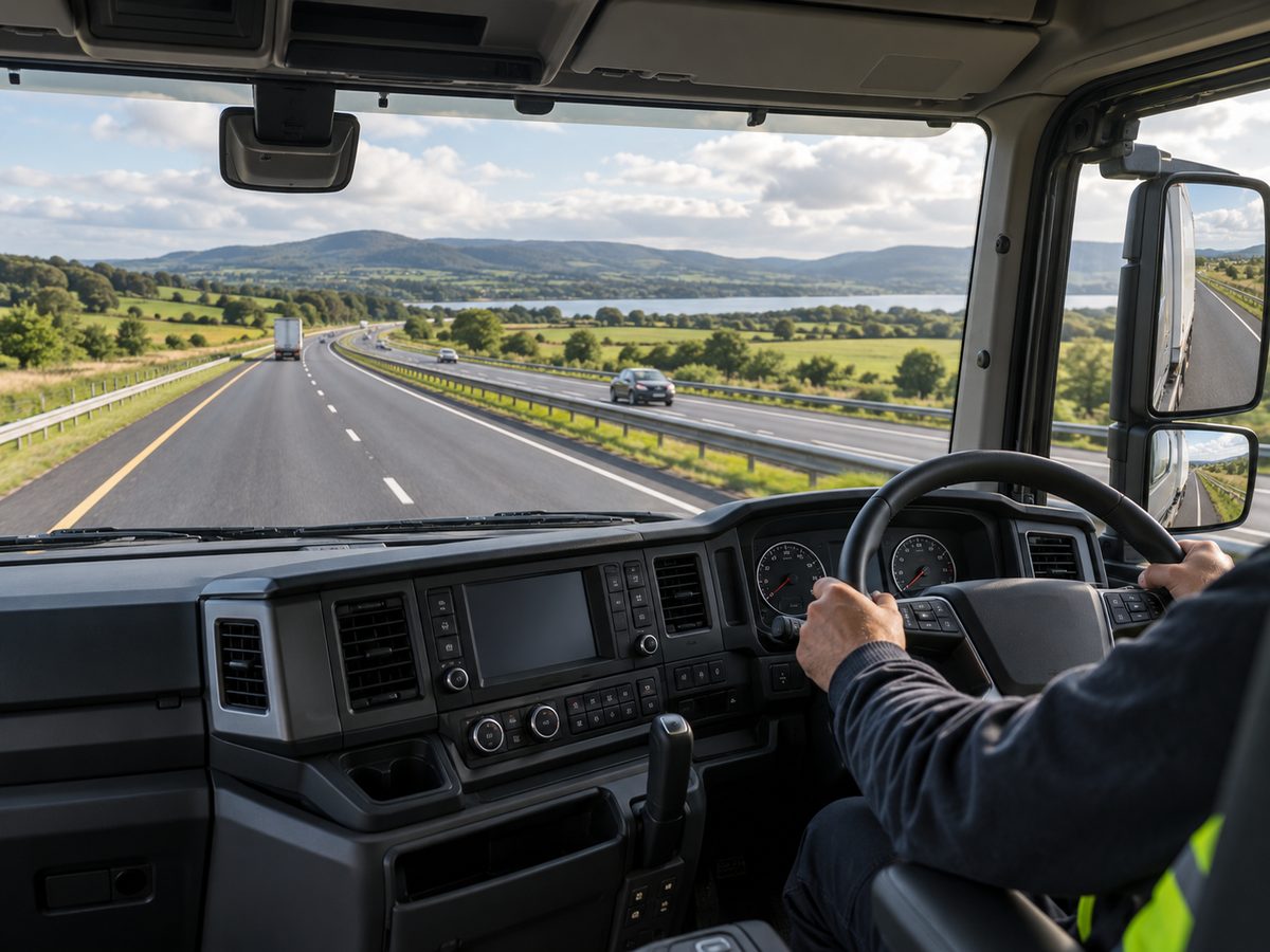 Illustrative photo of the view from a lorry cab onto an open motorway