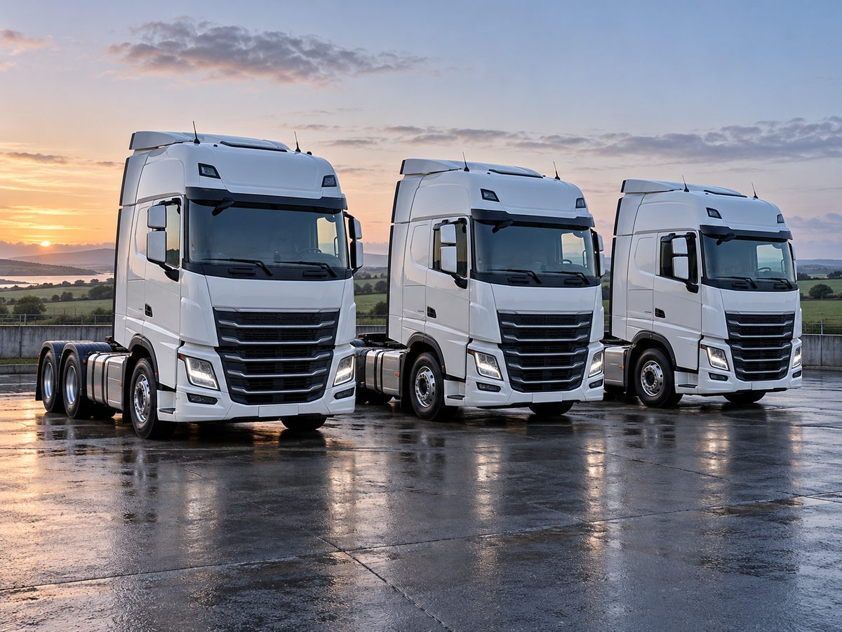 Illustrative photo of three modern white lorries parked in a haulage yard