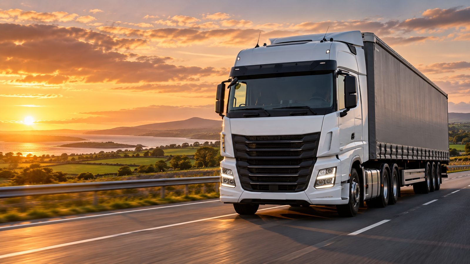 Illustrative photo of a white lorry with a curtainsider trailer on an Irish motorway at sunset