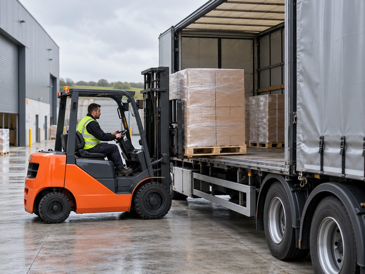 Illustrative photo of a forklift loading pallets into a curtainsider trailer